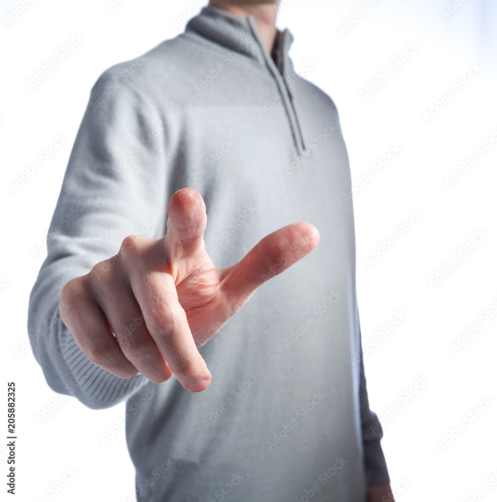 Man in pointing or pressing something on a white background