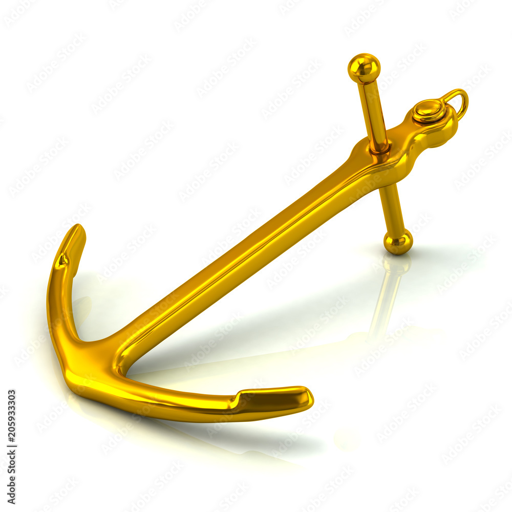 Golden anchor 3d illustration on white background