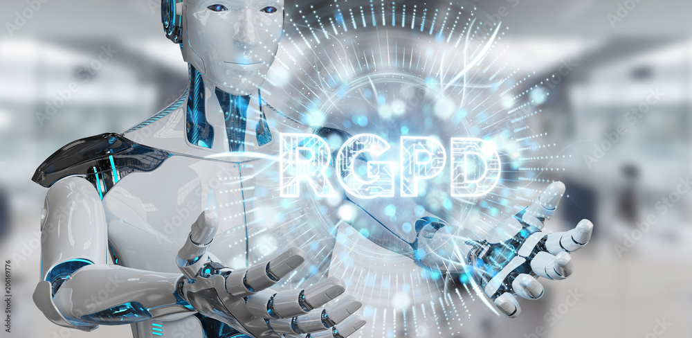 White cyborg using digital GDPR interface 3D rendering