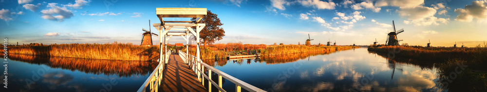 Landscape with traditional dutch windmills and bridge, Netherlands