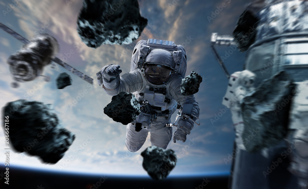 Astronaut working on a space station 3D rendering elements of this image furnished by NASA