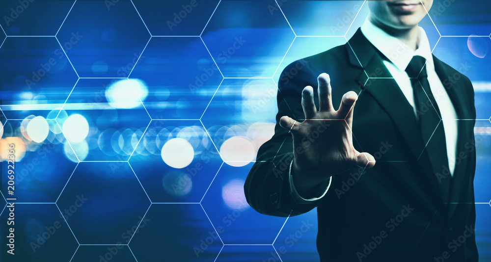 Hexagon Grid with businessman on blurred blue light background