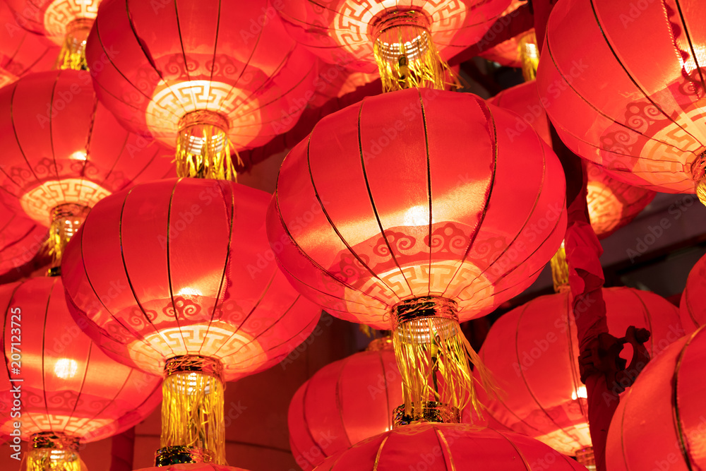 .A row of red lanterns at night