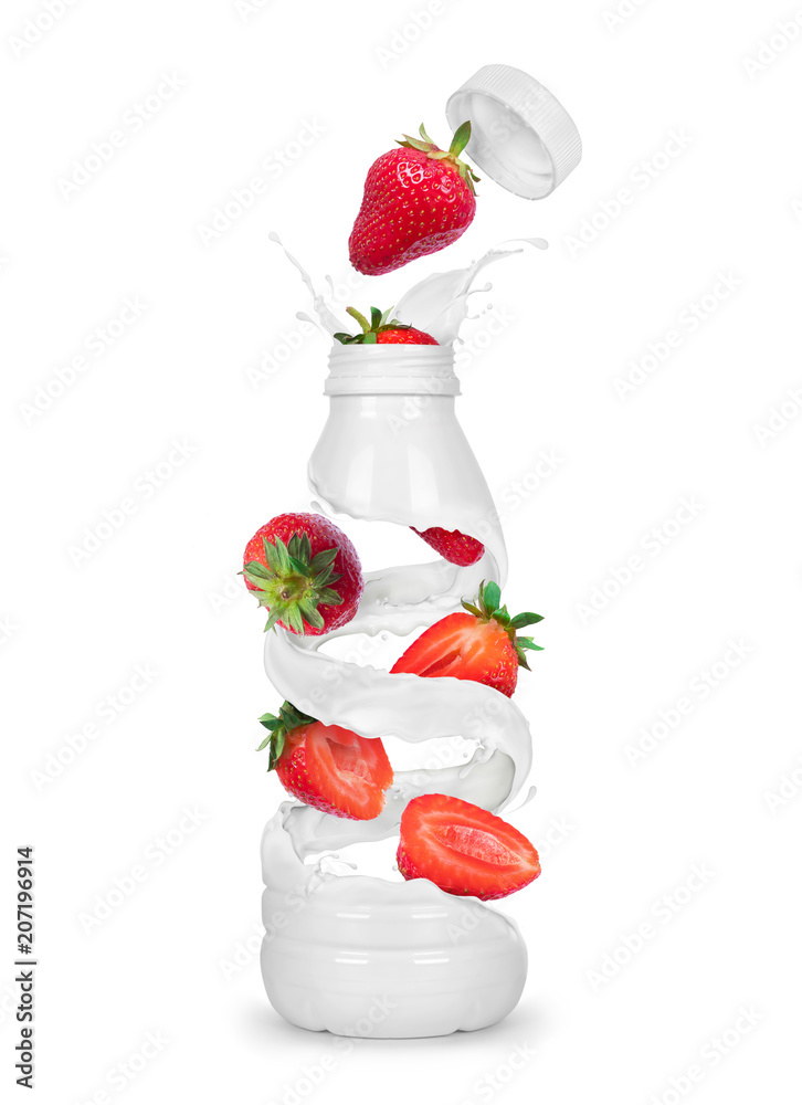 Strawberry with a bottle made from milk splashes