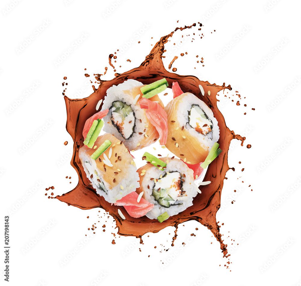 Sushi rolls rotate in splashes of soy sauce on white