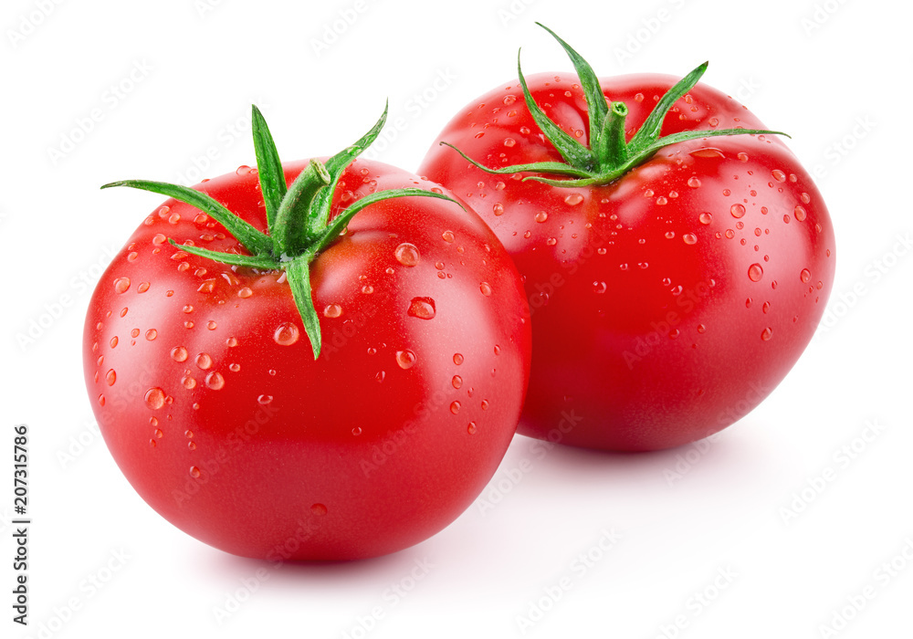 Tomatoes isolated on white. Tomato with drops. Full depth of field.