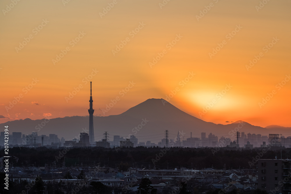 。东京富士钻石与东京天树地标。钻石富士是落日余晖的景色。