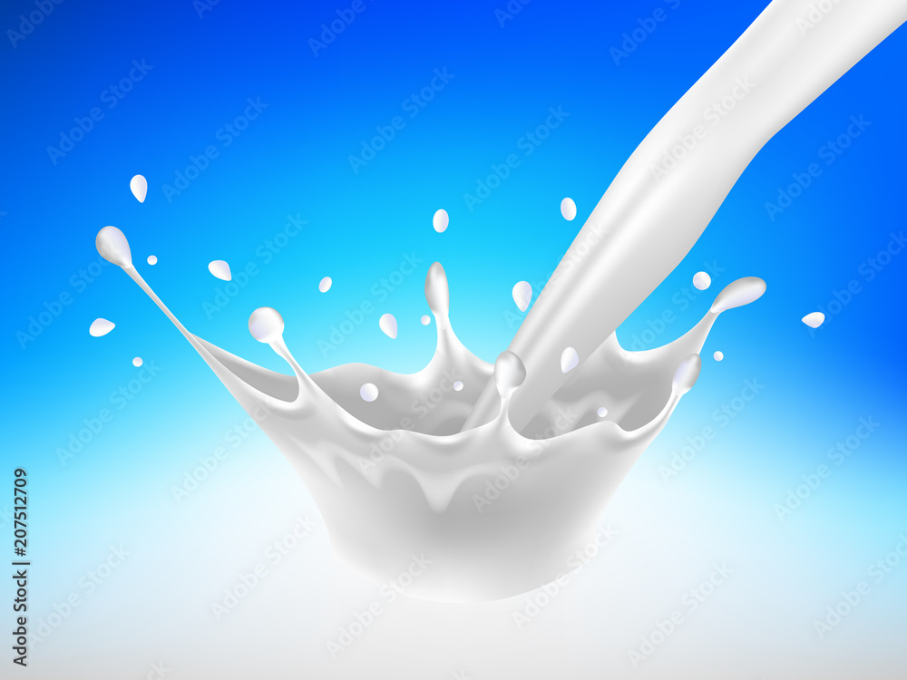 splash from a stream of pouring milk, cream. Against the beautiful blue sky. Realistic style. Vector