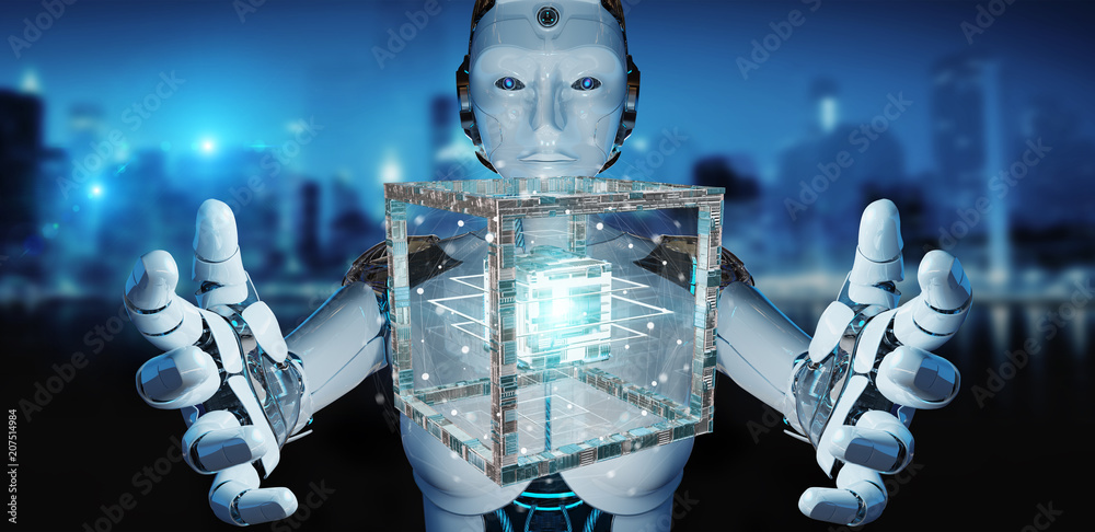 White robot creating future technology structure 3D rendering