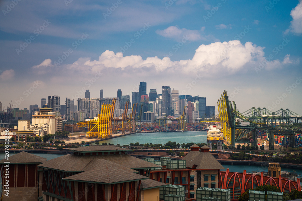  Singapore harbor with Singapore city background, this photo can use for logistic, delivery, port an