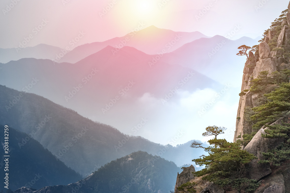 View point of Stone monkey on the top of mountain, Huangshan mountain Cloud Sea Scenery, East China`