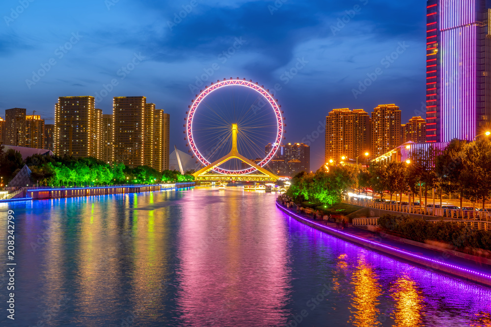 中国天津美丽的城市夜景建筑景观