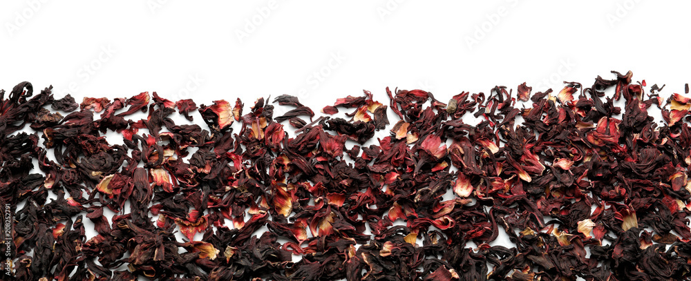 Heap of dry hibiscus tea leaves on white background