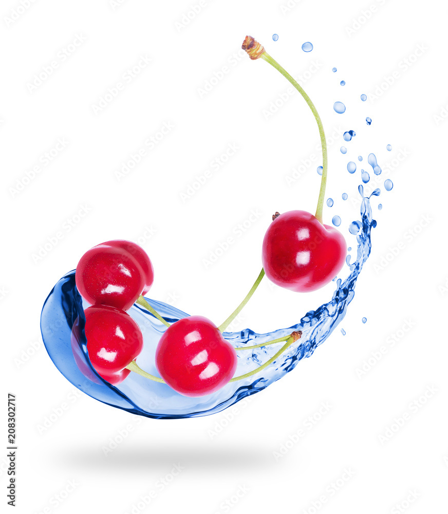 Cherries with splashes of fresh water close-up on white background