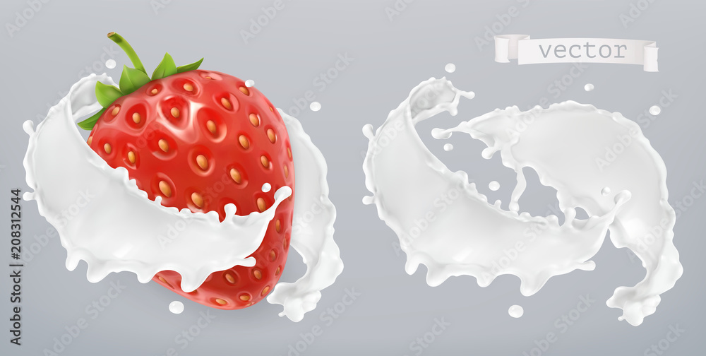 Yogurt, milk splash with strawberry. Set 3d vector elements. Package design