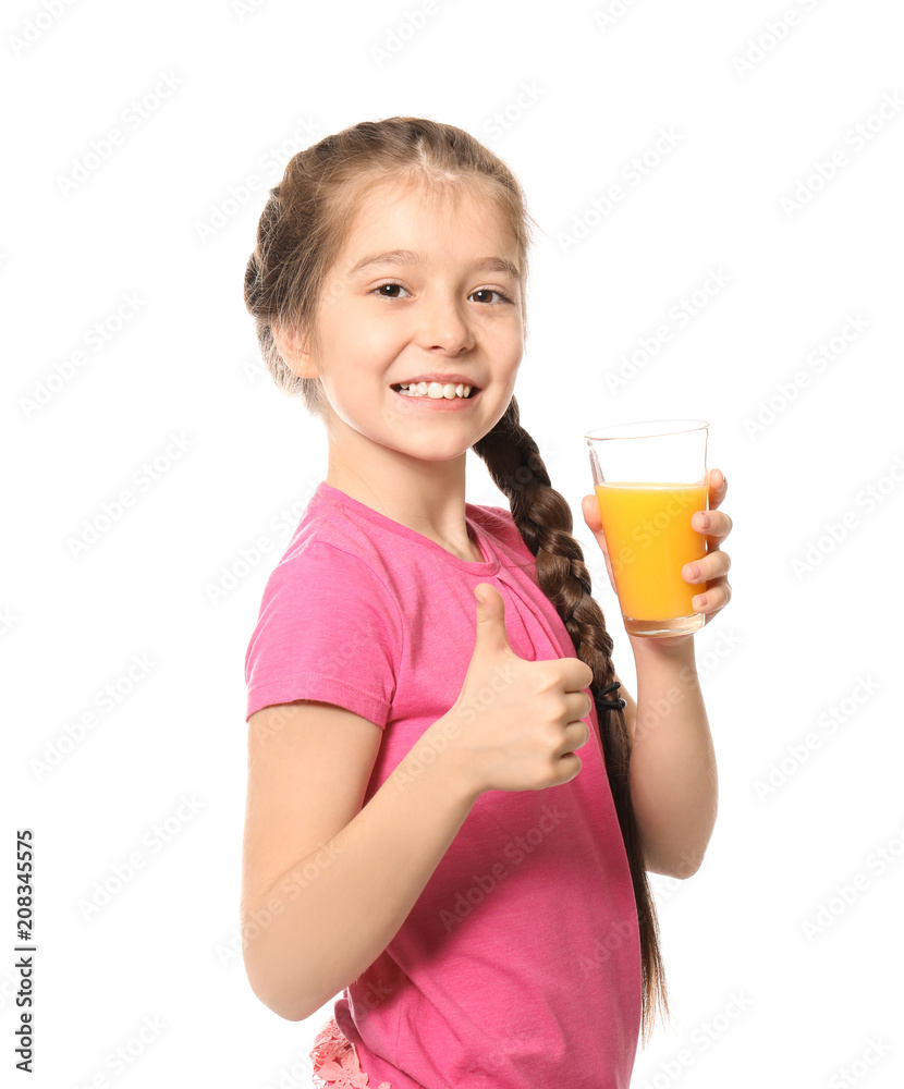 Funny little girl with citrus juice on white background