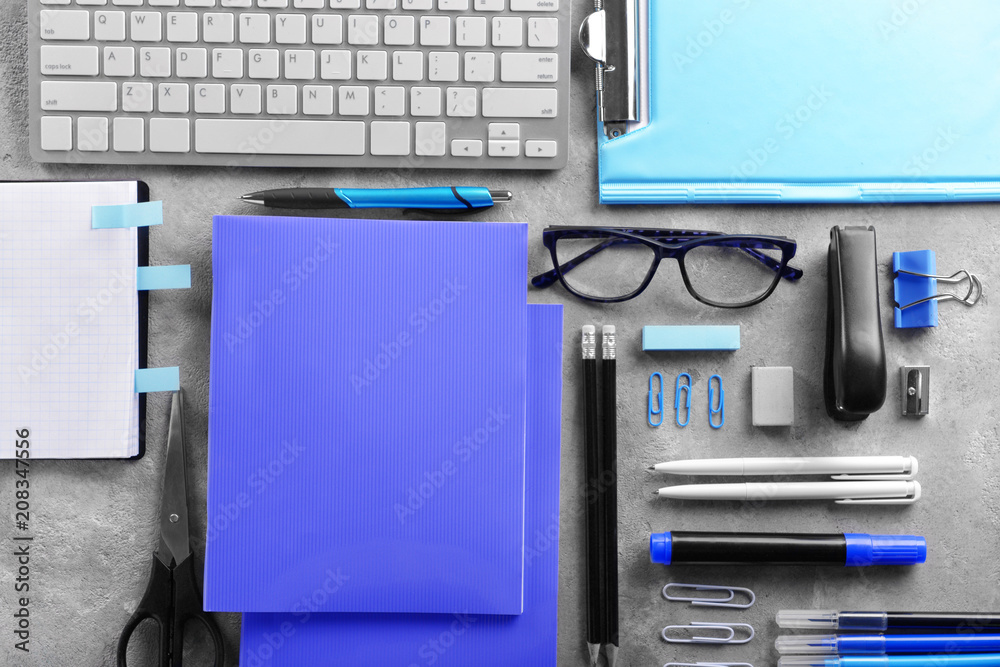 Workplace with stationery on table. Top view