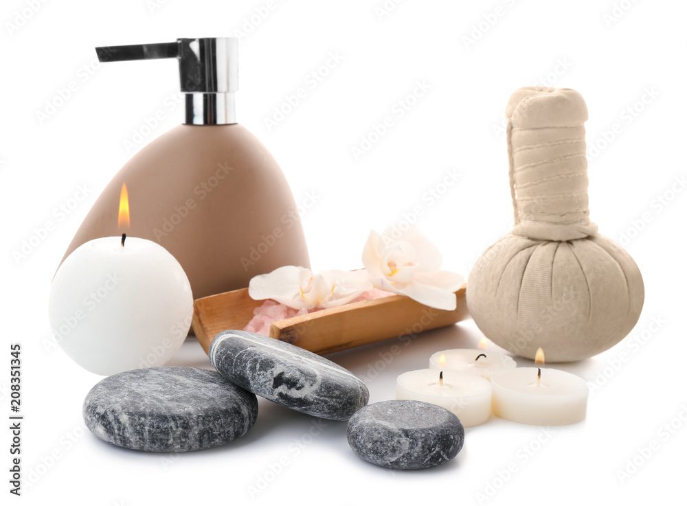 Set for spa treatment on white background