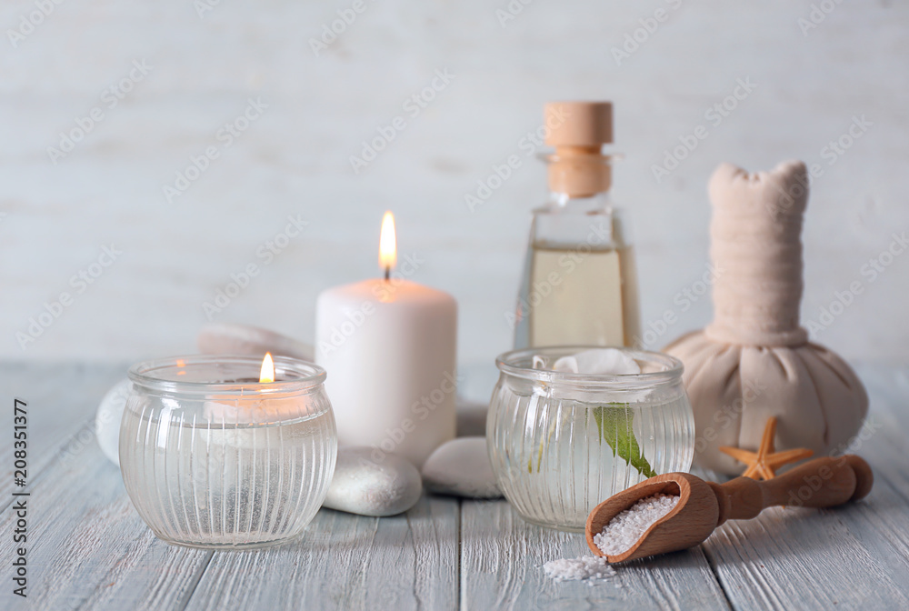 Set for spa treatment on wooden table