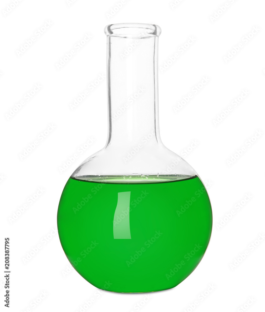 Test flask with green sample on white background