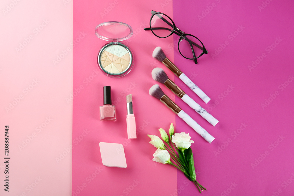 Flat lay composition with cosmetic products on color background