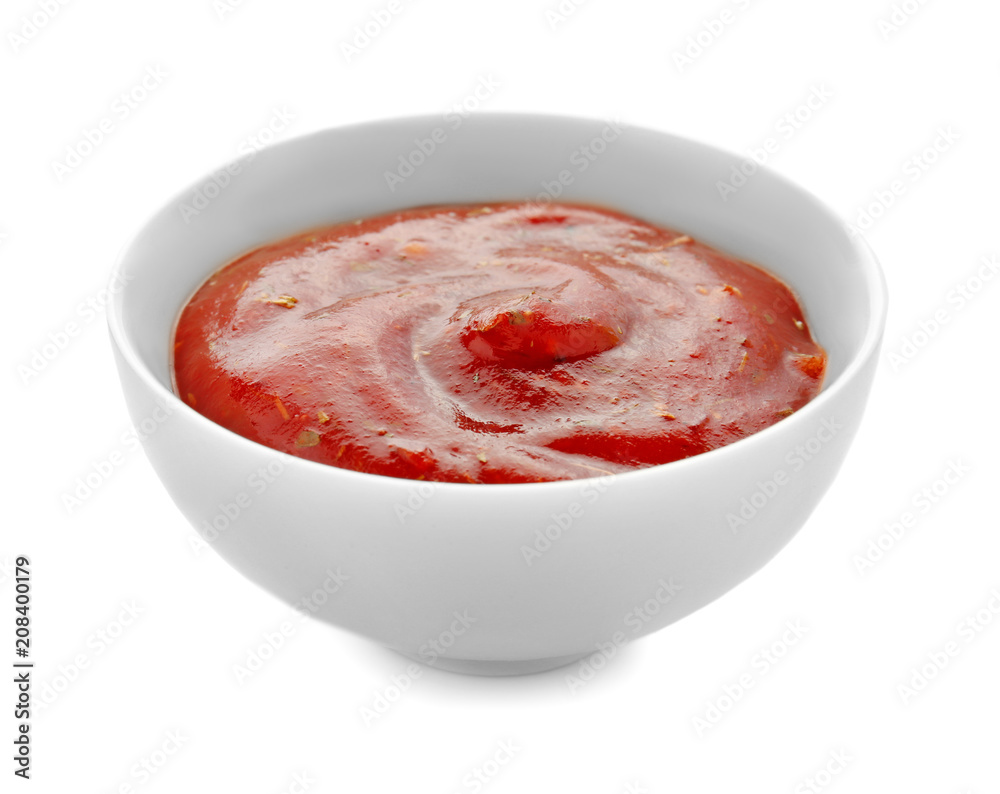 Delicious barbecue sauce in bowl on white background