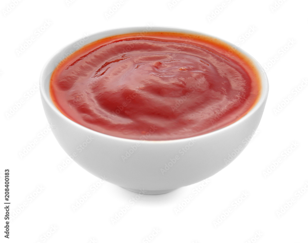 Delicious barbecue sauce in bowl on white background