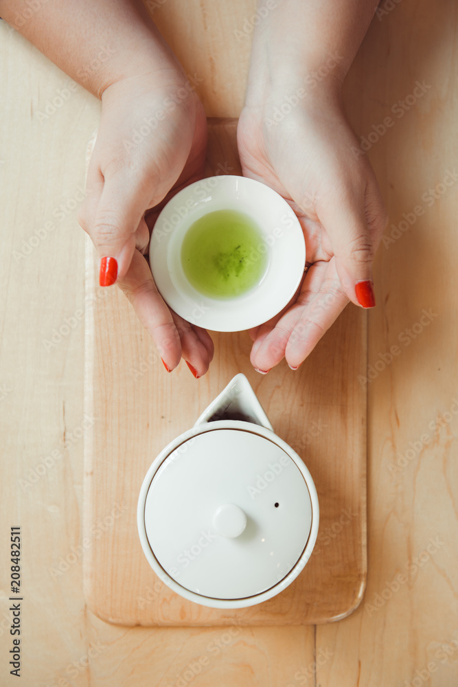 Japanese Sencha Tea Leaves. Top view with copy space