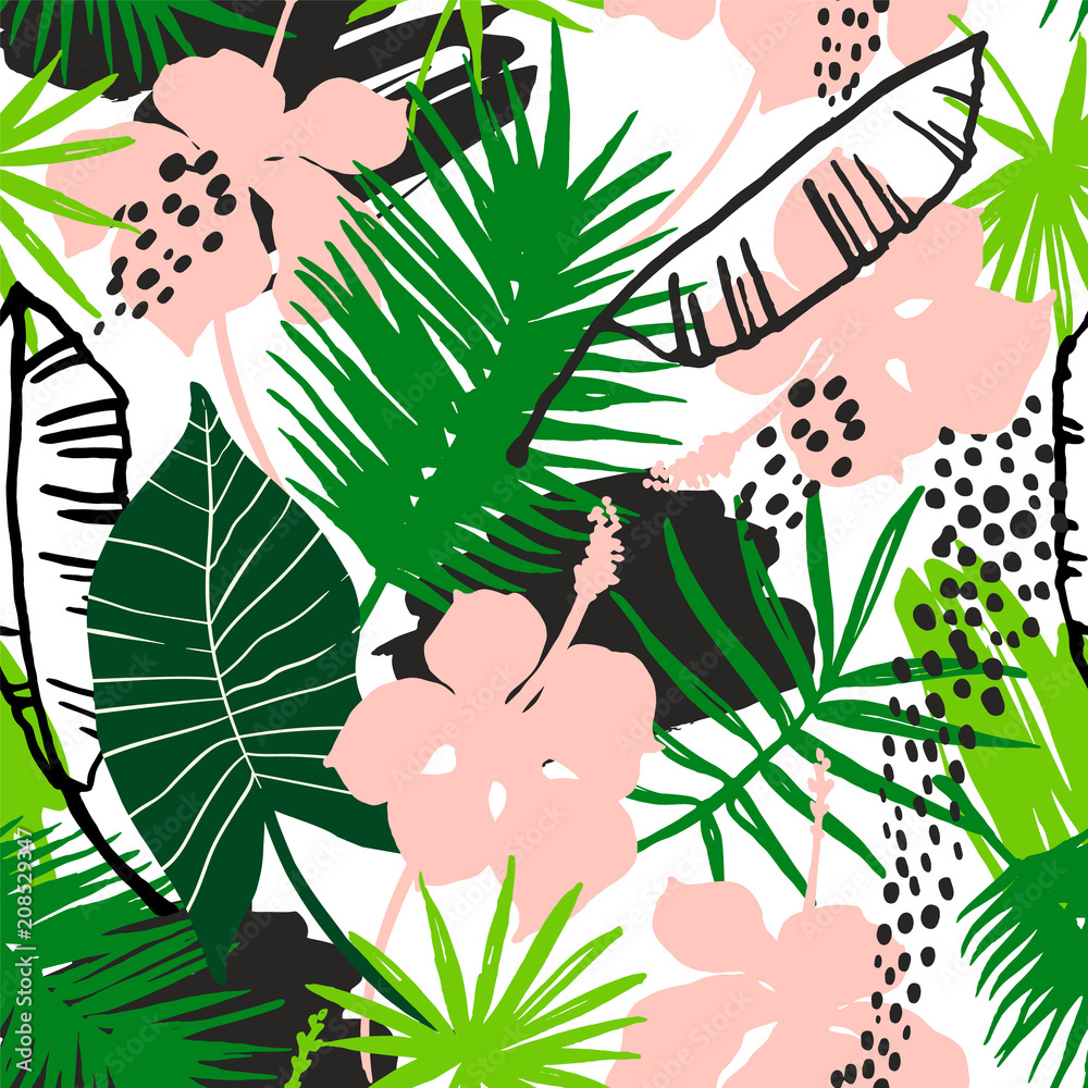 Seamless exotic pattern with tropical plants.