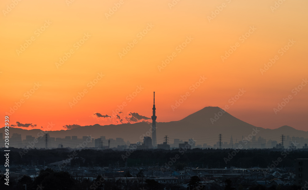 美丽的东京日落城市景观、东京天树地标和冬季日落的富士山