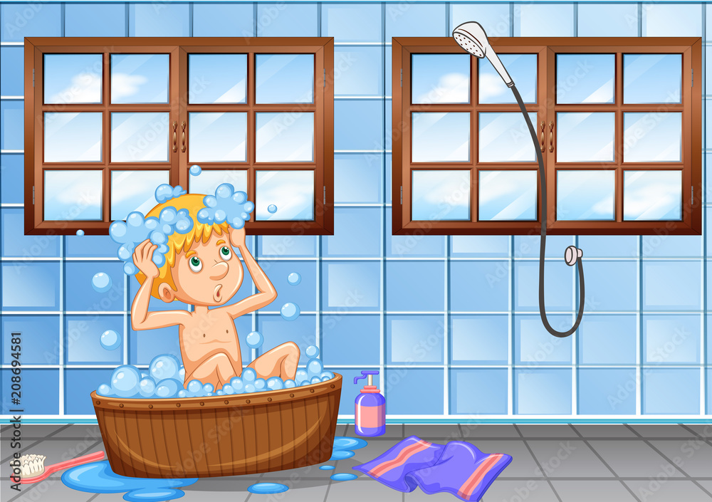 Young boy having a bath scene