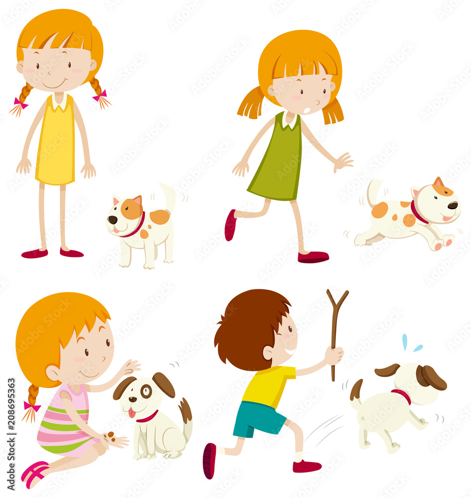 Set of various young children and dogs