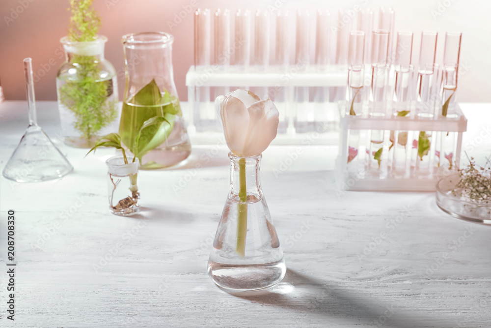 Glass flask with flower on table