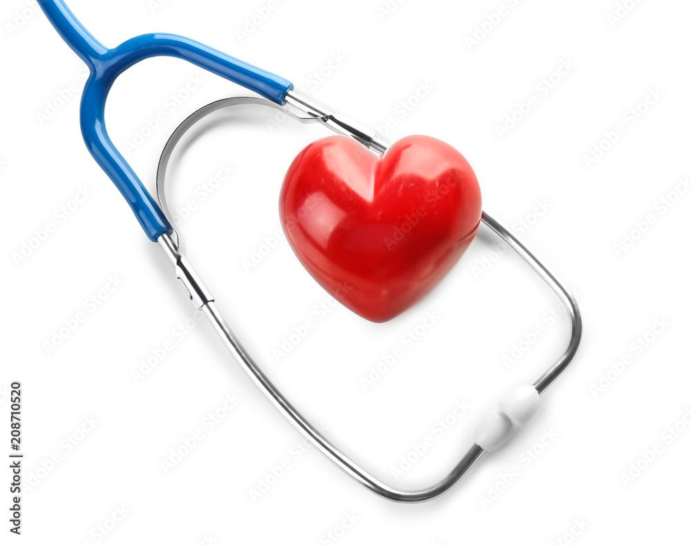 Stethoscope with small heart on white background