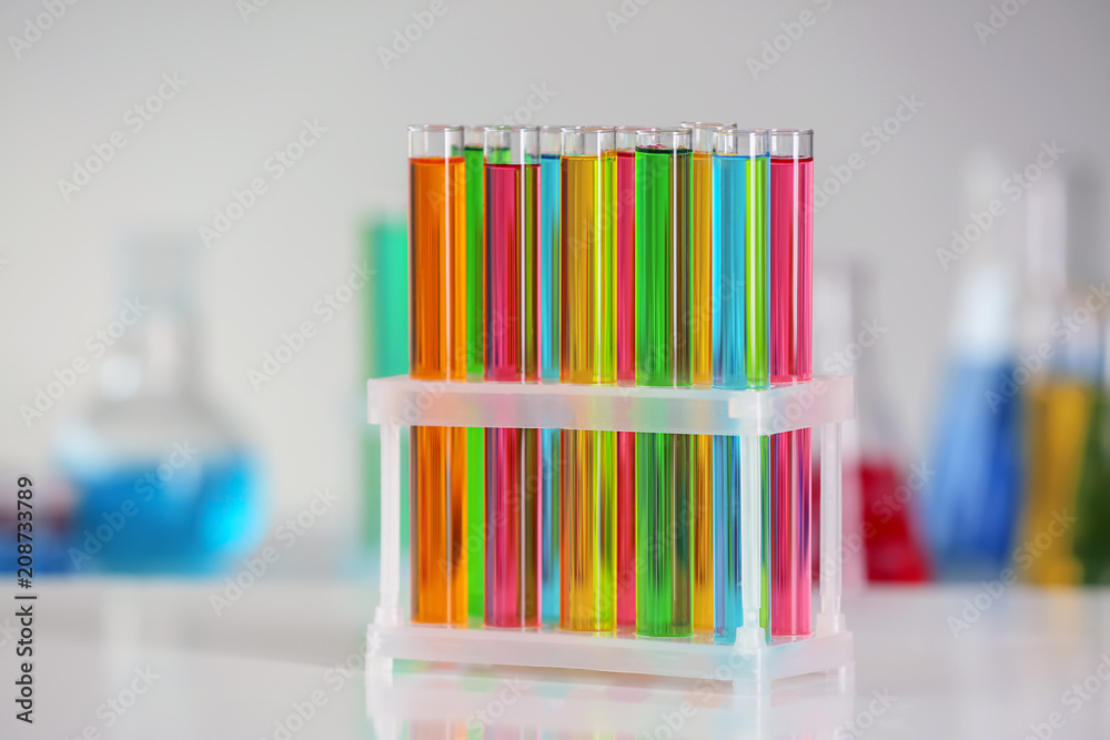 Test tubes with colorful samples in laboratory