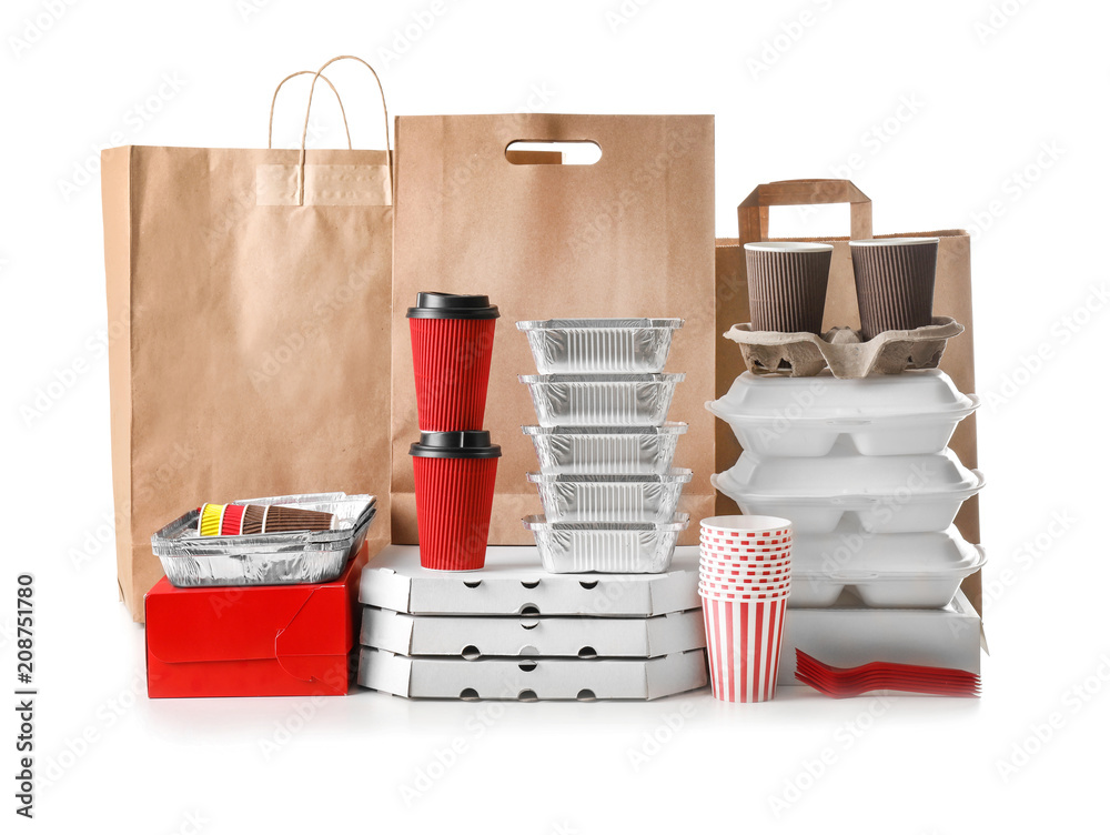 Different types of packages on white background. Food delivery service