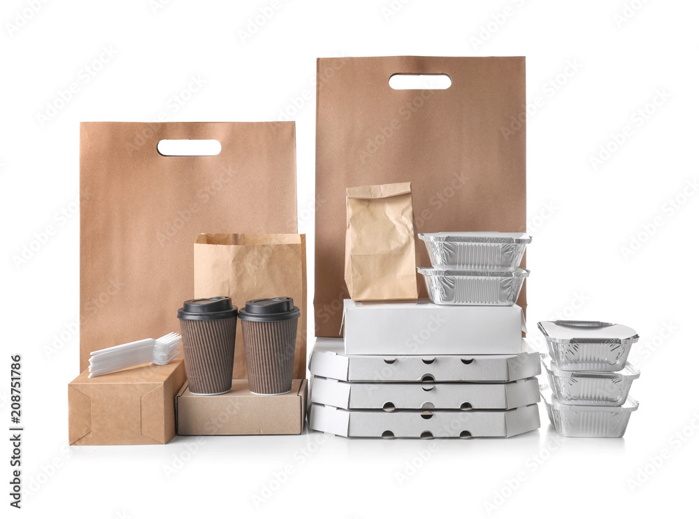 Different types of packages on white background. Food delivery service