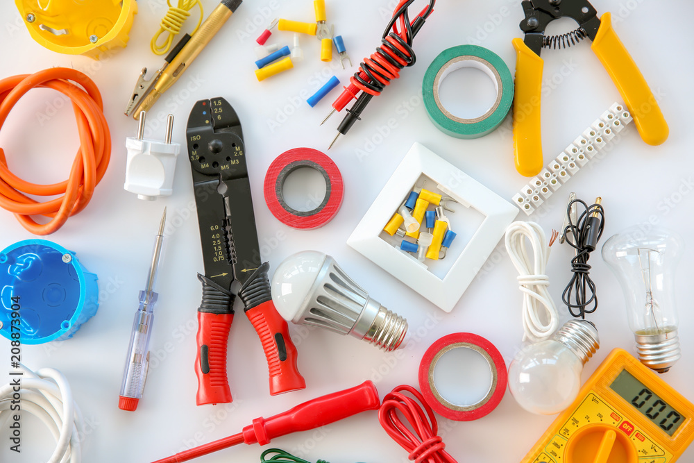 Electricians supplies on white background