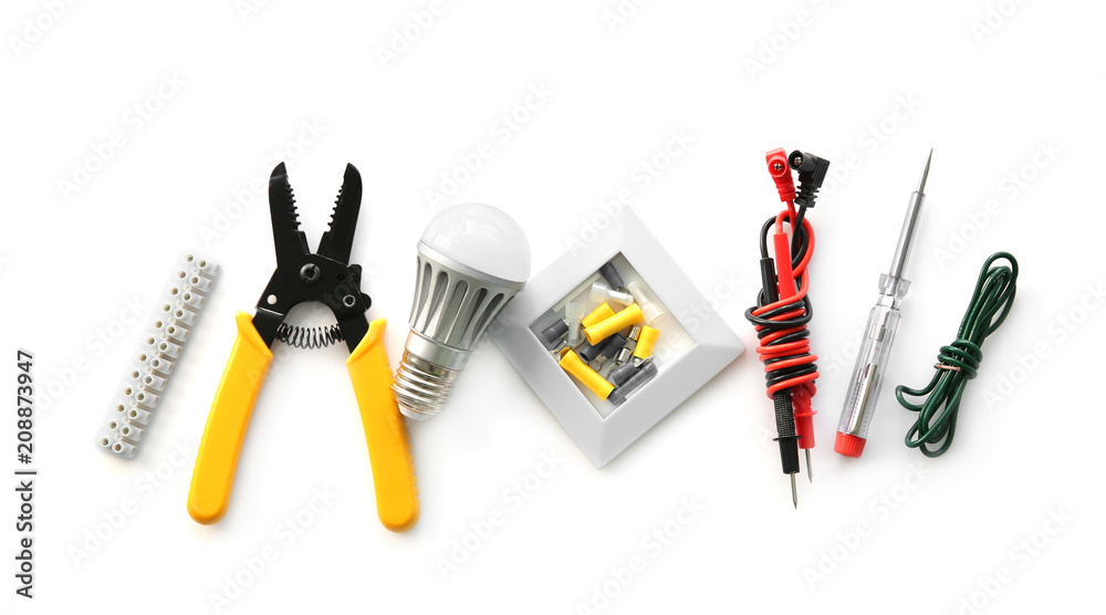 Electricians supplies on white background