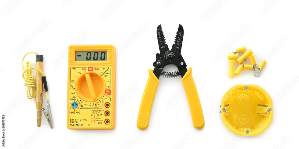 Electricians supplies on white background