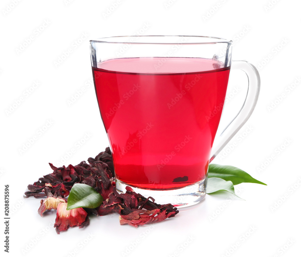 Glass cup with hibiscus tea on white background