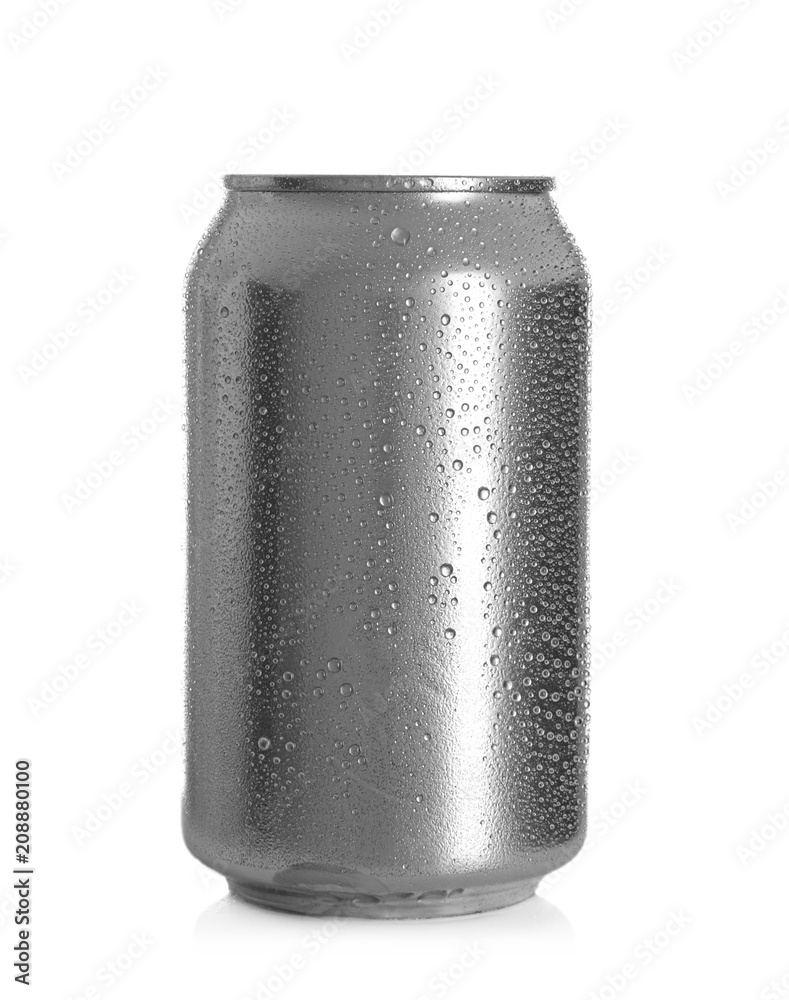 Aluminum can of cold beer on white background