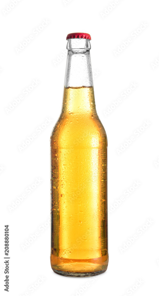 Glass bottle of cold beer on white background