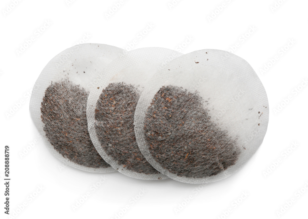 Tea bags on white background