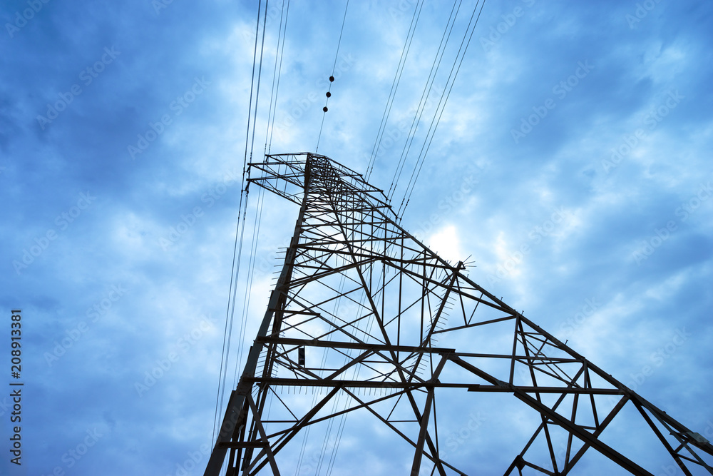 high voltage post.High-voltage tower sky background.