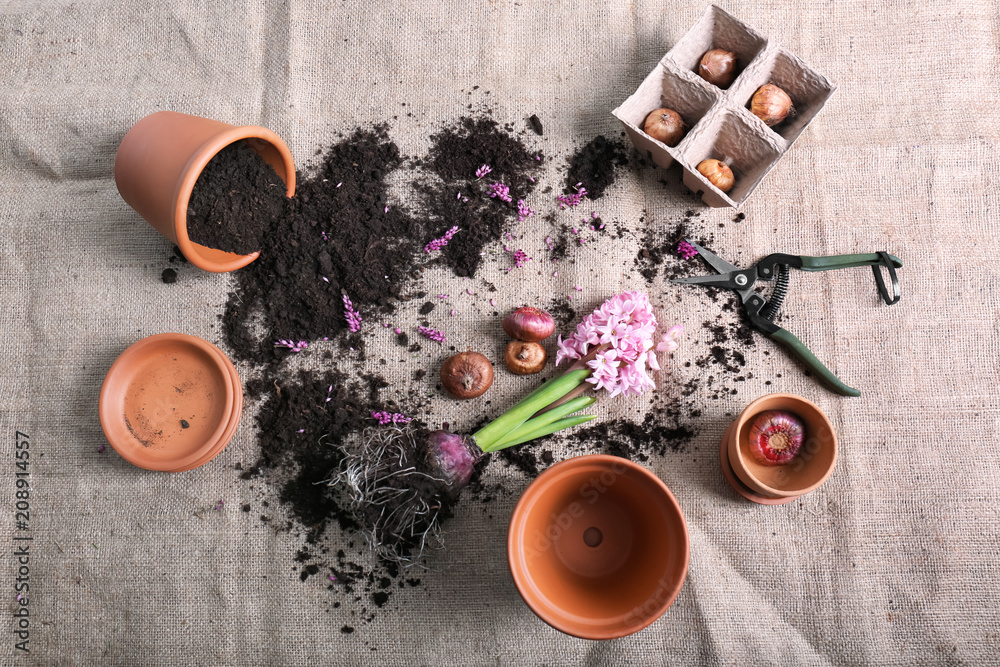 Garden pruner with pots and soil on fabric