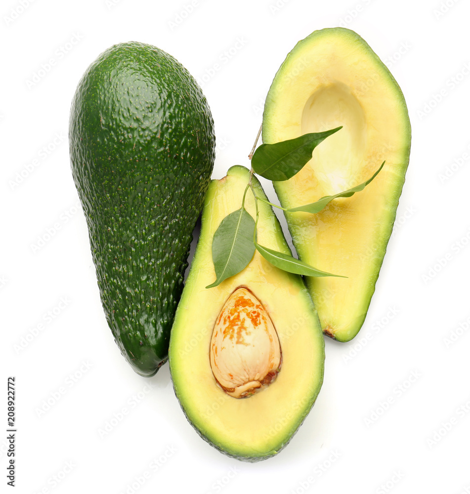 Ripe avocados on white background