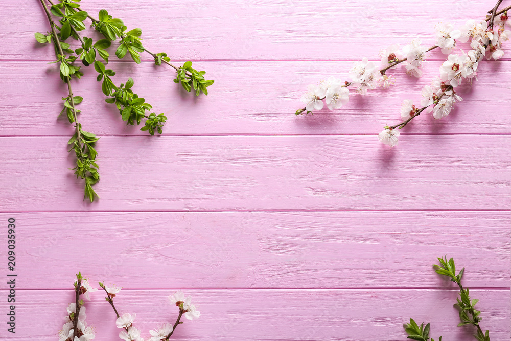 Beautiful blossoming branches on wooden background