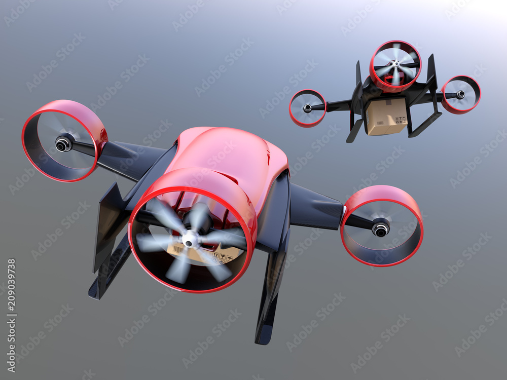 Rear view of red VTOL drones carrying delivery packages flying in the sky. 3D rendering image.