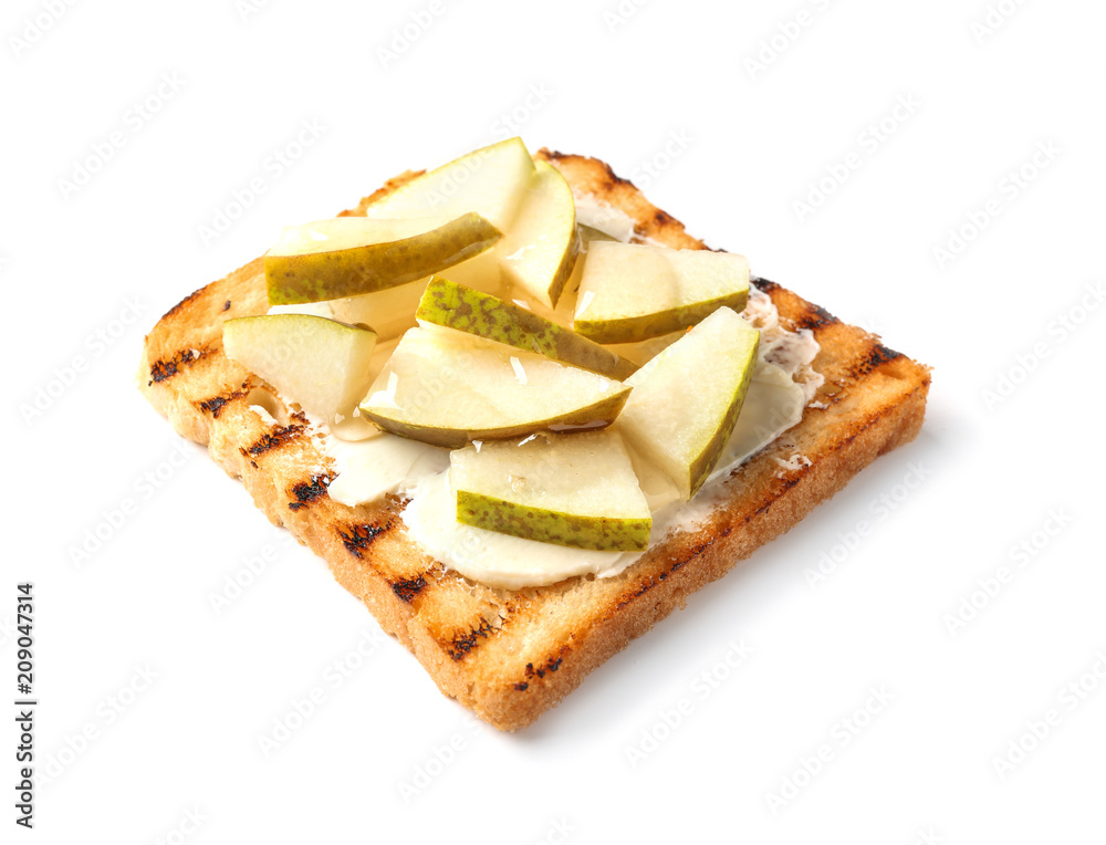 Tasty sweet toast with butter, honey and pieces of pear on white background